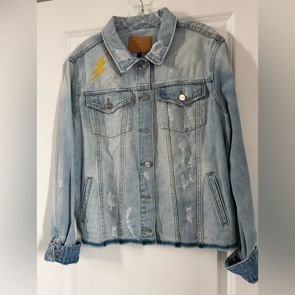 Sanctuary Light Wash Distressed Denim Jacket with Gold Lightning Patch